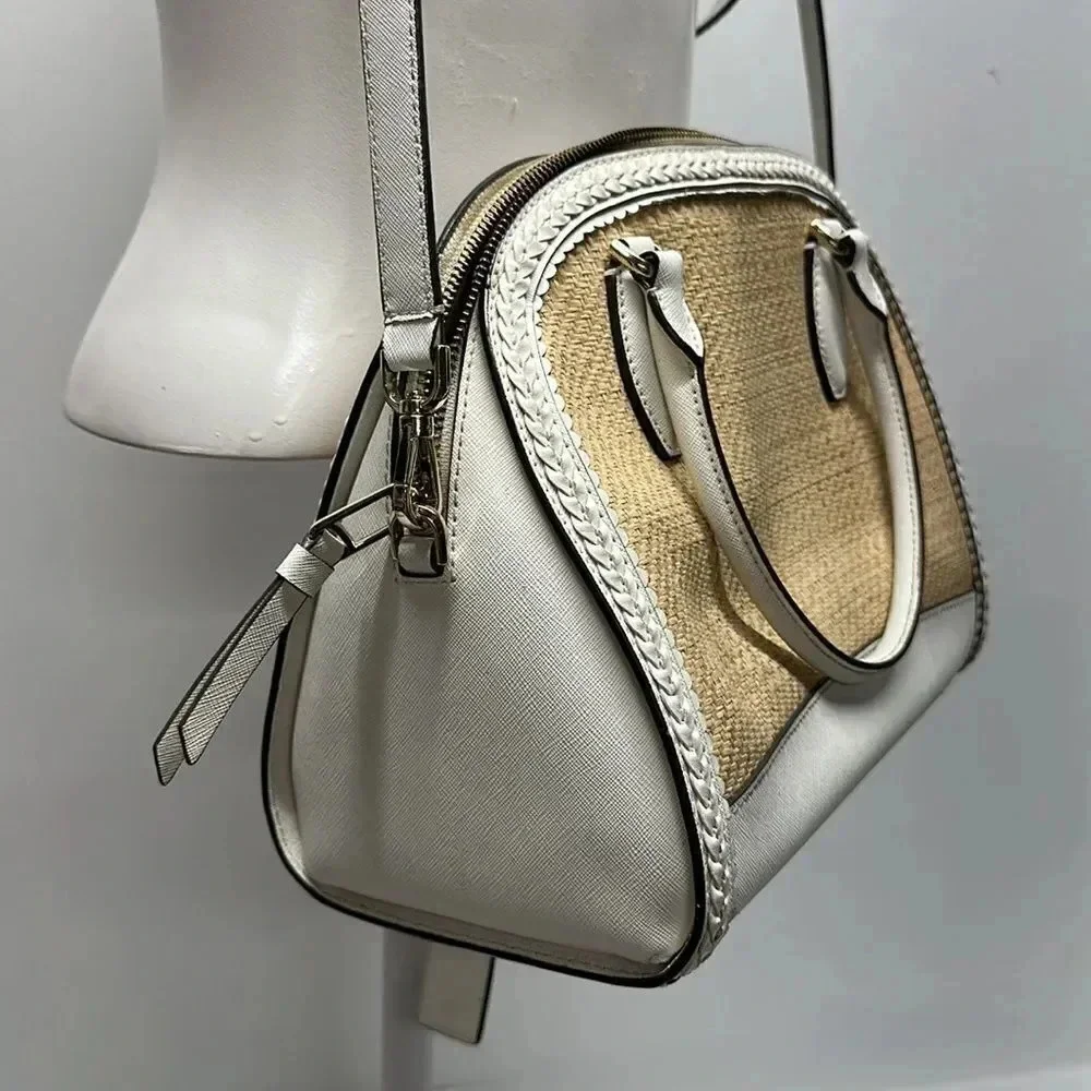 Kate Spade Reiley Dome Satchel Purse Handbag Straw Wicker Leather Trim White